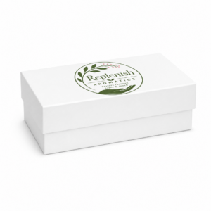 Luxury umbrella box packaging is white with green REPLENISH print